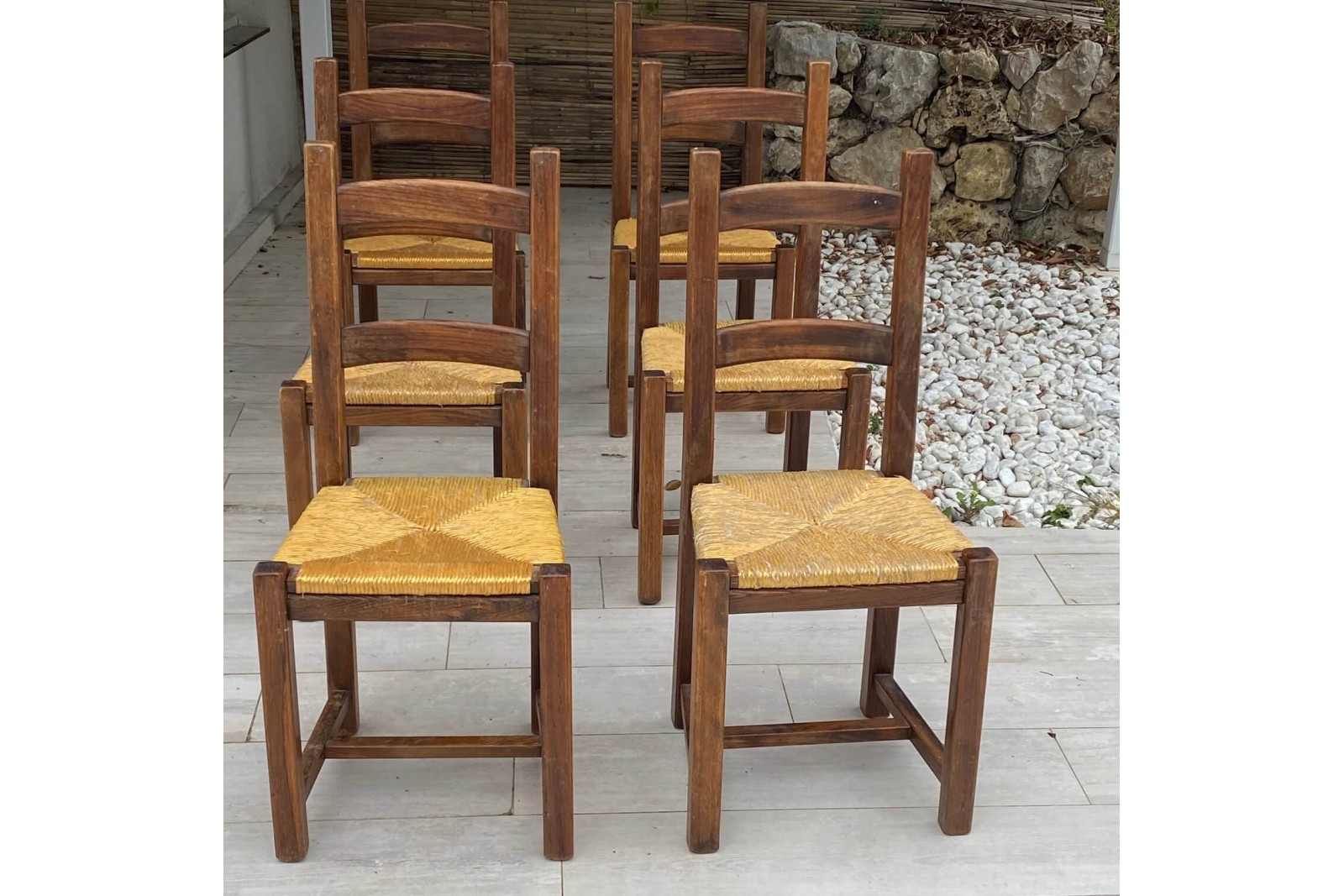Ensemble de 6 chaises en paille et bois massif, 1950