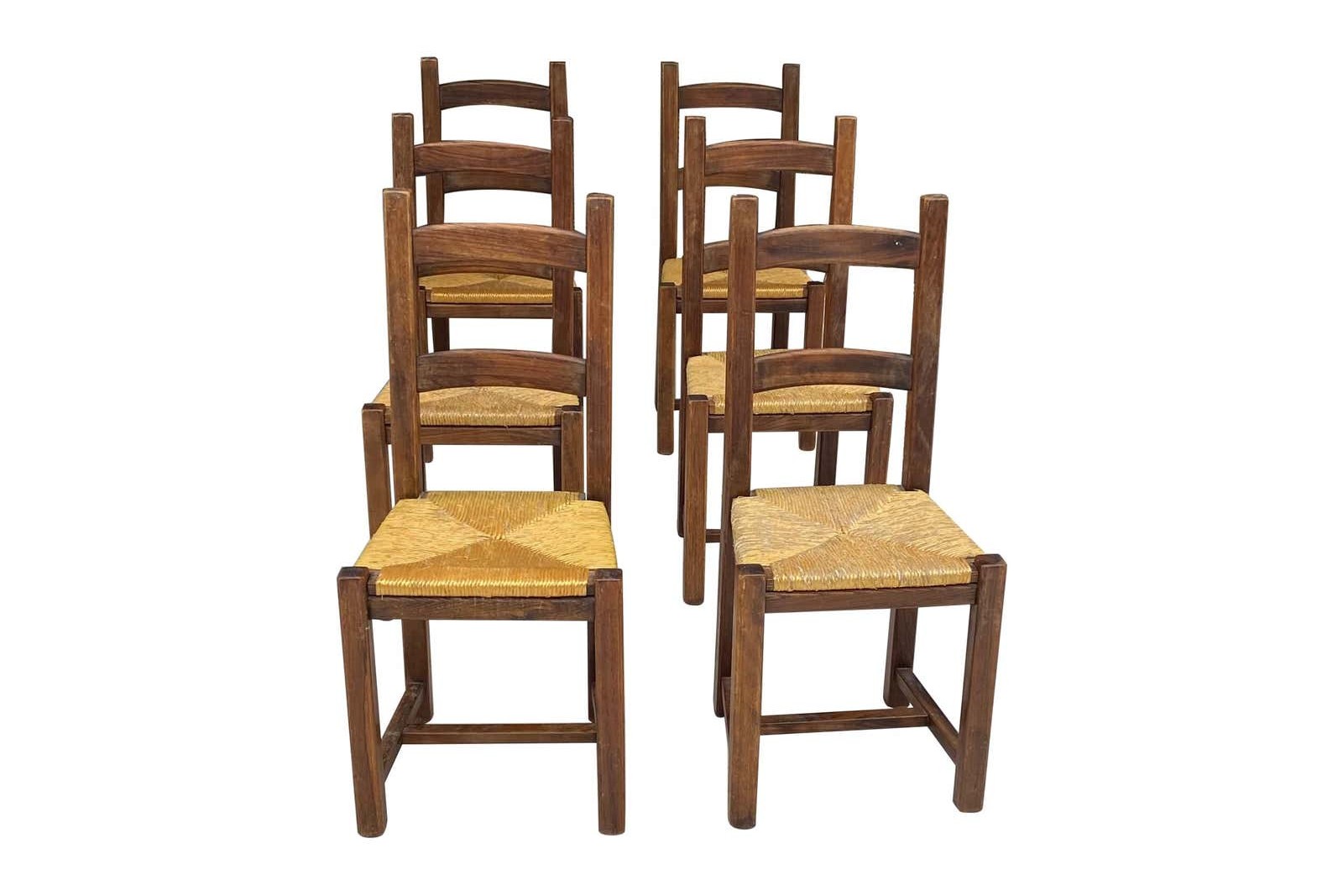 Ensemble de 6 chaises en paille et bois massif, 1950