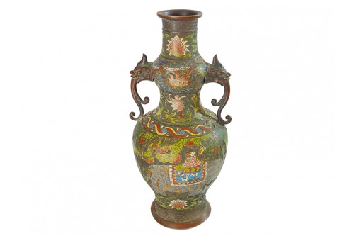 Grand vase chinois antique en bronze cloisonné, dynastie Qing