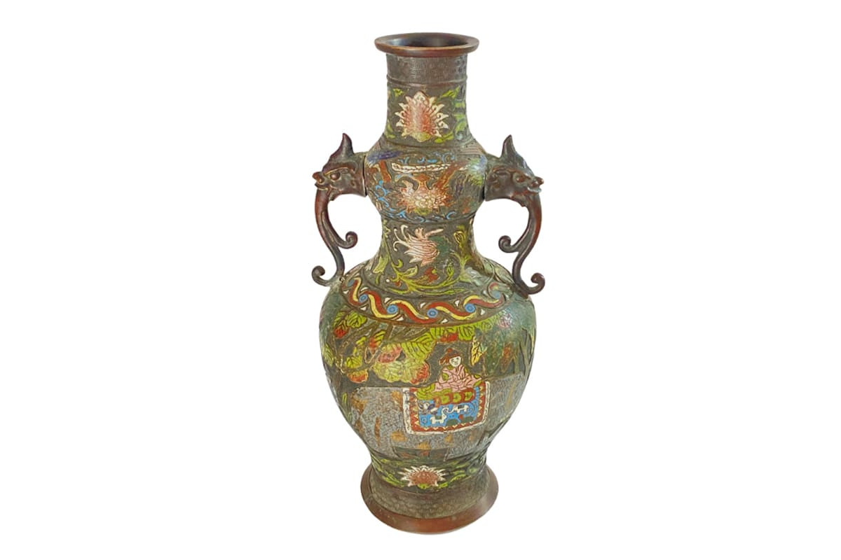 Grand vase chinois antique dynastie Qing en bronze cloisonné