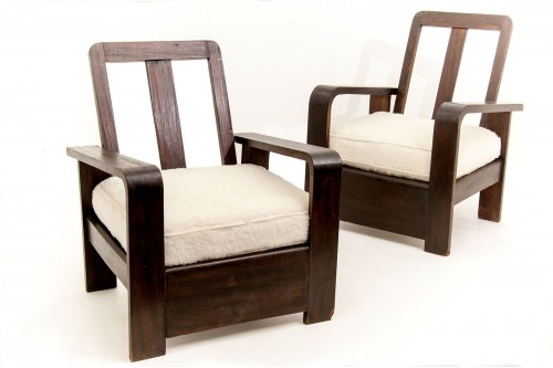 Fauteuils en bois et tissu peluche style Jean Royère (lot de 2)