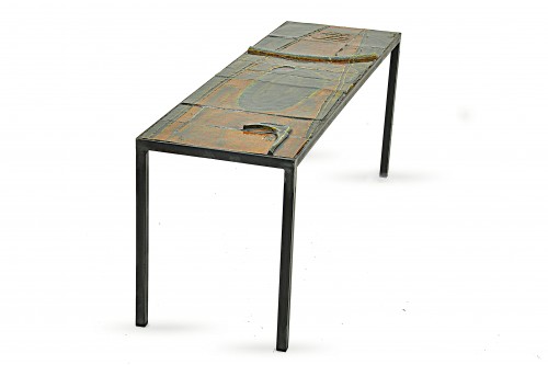 Table basse en céramique de François Lanusé marron et verte (France 1950)