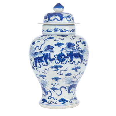 Vase Ancien Chinois En Porcelaine Bleu Et Blanc, Décor Colonne Bouche Large, Fait Main